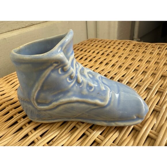 Vintage 50's Blue Shoe Pair Planter Vases Hand Painted Roses - Picture 9 of 13